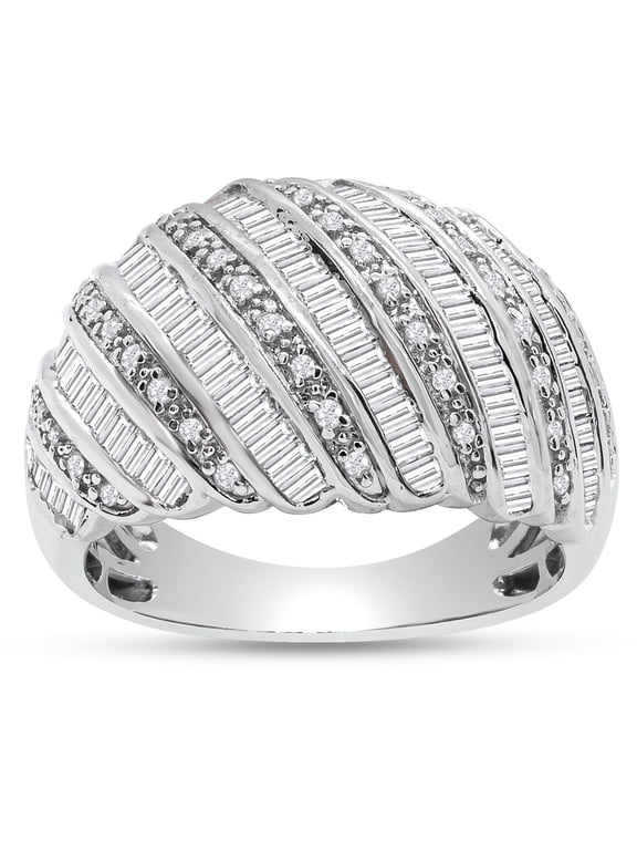1 Carat Baguette and Round Colorless Diamond Dome Band Ring In Sterling Silver For Women