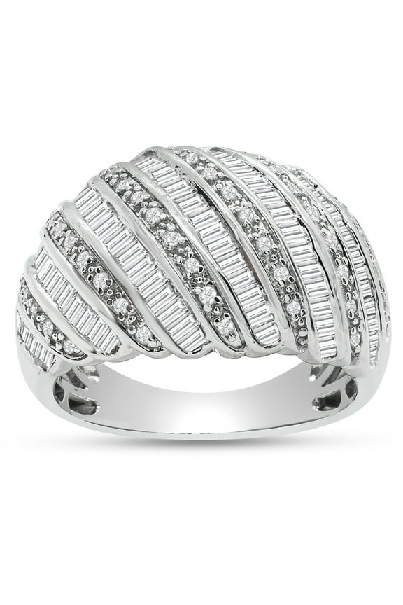 1 Carat Baguette and Round Colorless Diamond Dome Band Ring In Sterling Silver For Women