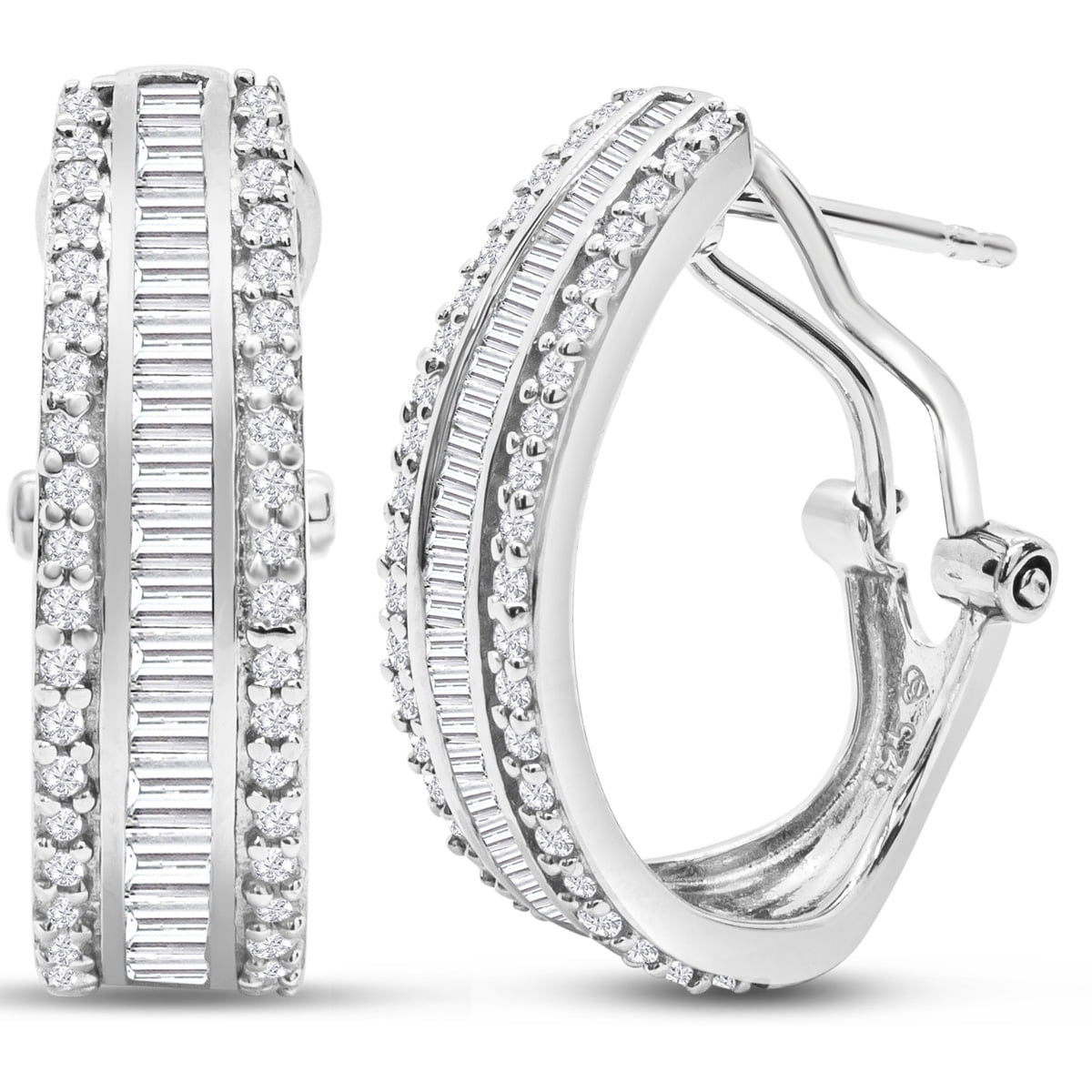 SuperJeweler 1 Carat Baguette and Round Colorless Diamond Hoop Earrings In Sterling Silver For Women