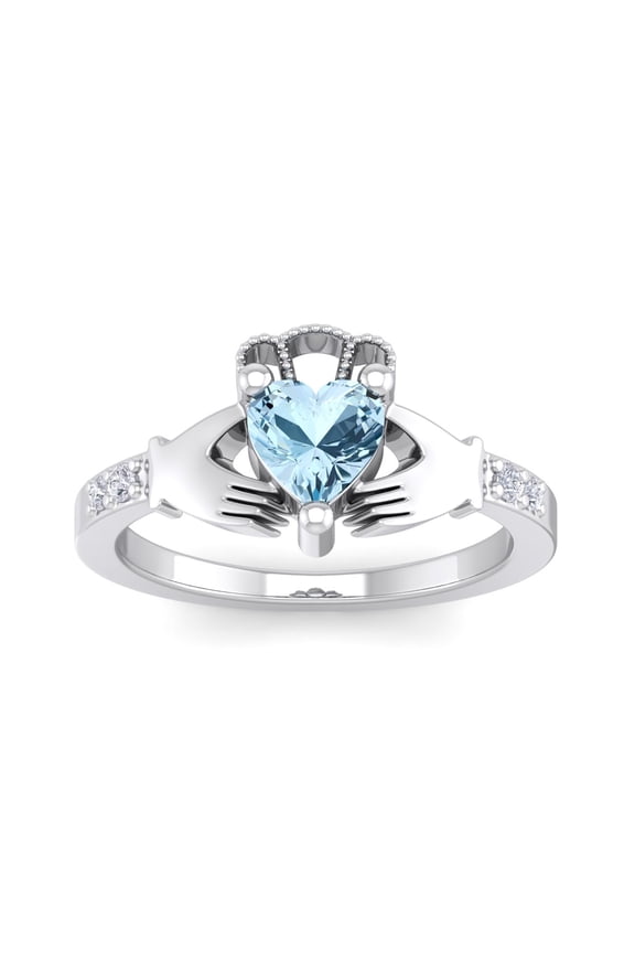 1 Carat Heart Shape Aquamarine and Diamond Claddagh Ring In Sterling Silver For Women