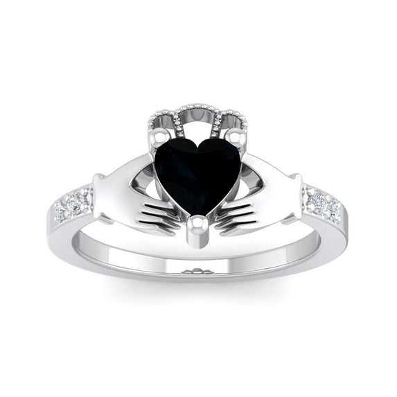 SuperJeweler 1 Carat Heart Shape Black Onyx and Diamond Claddagh Ring In Sterling Silver For Women
