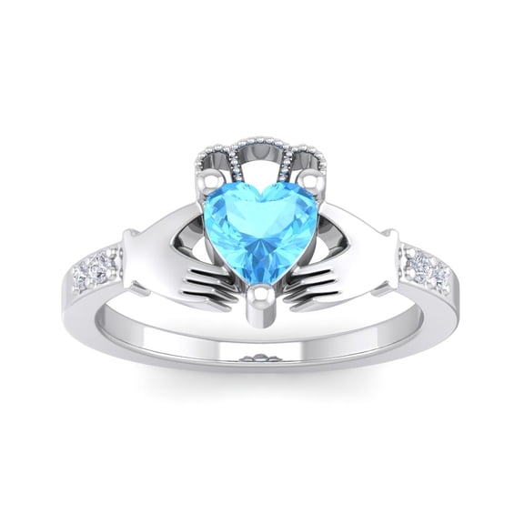 SuperJeweler 1 Carat Heart Shape Blue Topaz and Diamond Claddagh Ring In Sterling Silver For Women