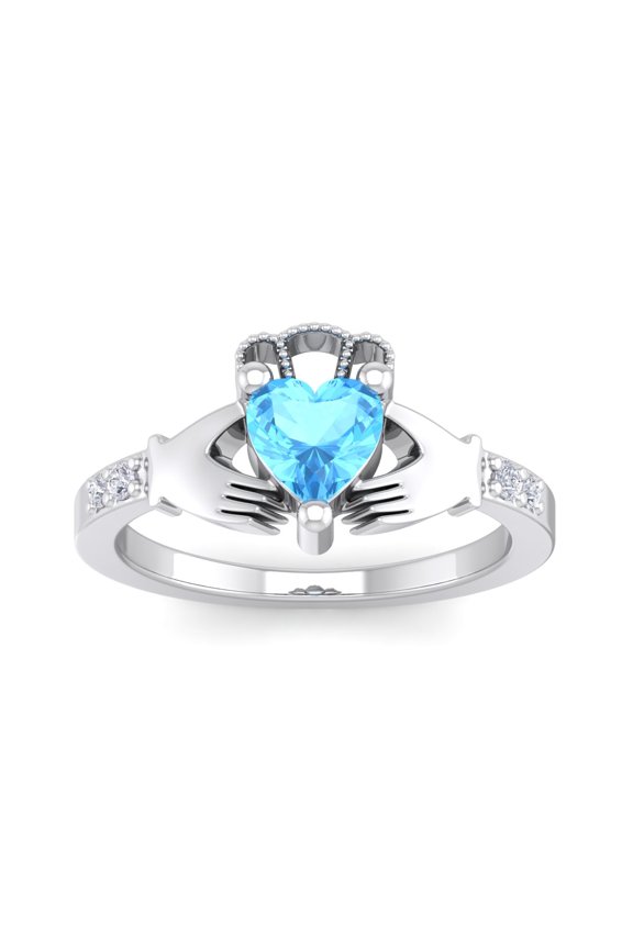 1 Carat Heart Shape Blue Topaz and Diamond Claddagh Ring In Sterling Silver For Women