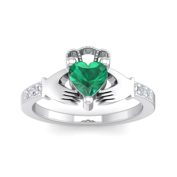 SuperJeweler 1 Carat Heart Shape Created Emerald and Diamond Claddagh Ring In Sterling Silver For Women