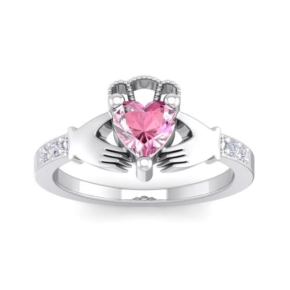 SuperJeweler 1 Carat Heart Shape Created Pink Sapphire and Diamond Claddagh Ring In Sterling Silver For Women