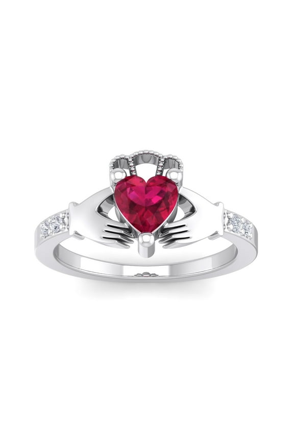 1 Carat Heart Shape Created Ruby and Diamond Claddagh Ring In Sterling Silver For Women