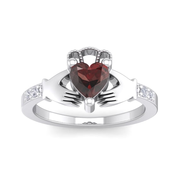 SuperJeweler 1 Carat Heart Shape Garnet and Diamond Claddagh Ring In Sterling Silver For Women