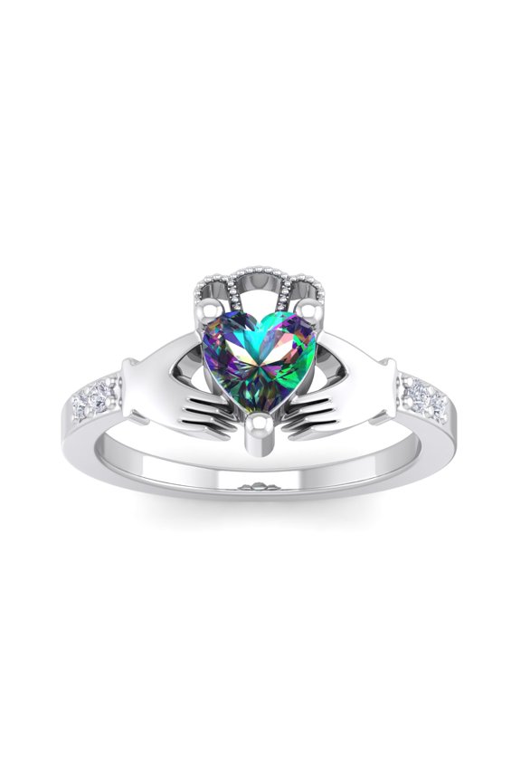 1 Carat Heart Shape Mystic Topaz and Diamond Claddagh Ring In Sterling Silver For Women
