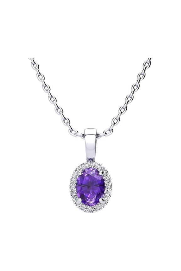 1 Carat Oval Shape Amethyst and Halo Diamond Necklace In Sterling Silver With 18 Inch Chain For Women