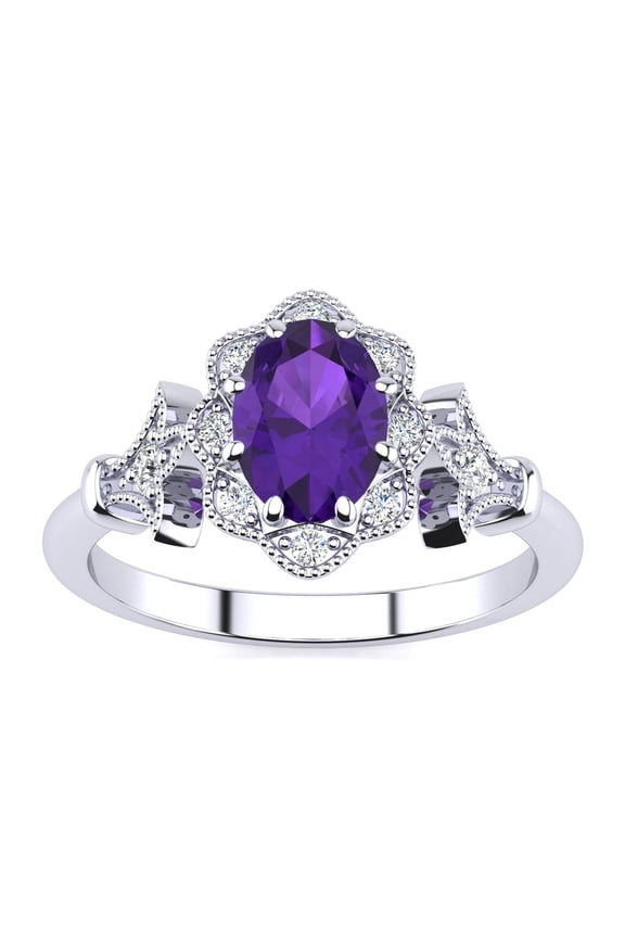 1 Carat Oval Shape Amethyst and Halo Diamond Ring In Sterling Silver For Women