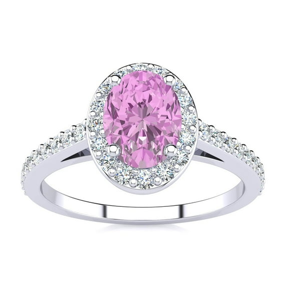 SuperJeweler 1 Carat Oval Shape Created Pink Sapphire and Halo Diamond Ring In Sterling Silver For Women