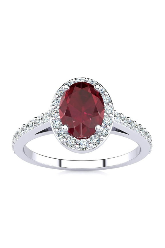 1 Carat Oval Shape Created Ruby and Halo Diamond Ring In Sterling Silver For Women