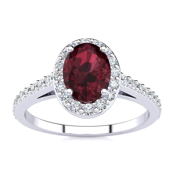 SuperJeweler 1 Carat Oval Shape Garnet and Halo Diamond Ring In Sterling Silver For Women