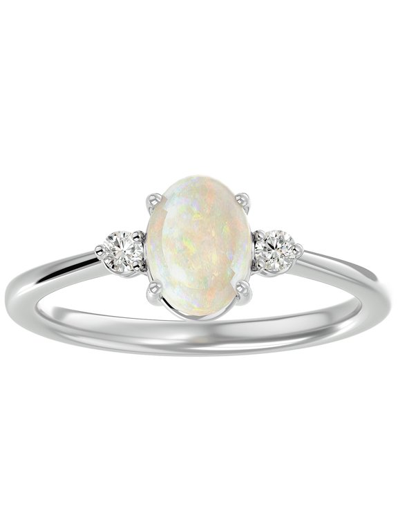 1 Carat Oval Shape Opal and Two Diamond Ring In 14 Karat White Gold For Women