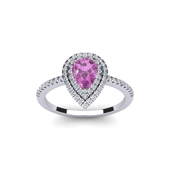 SuperJeweler 1 Carat Pear Shape Created Pink Sapphire and Double Halo Diamond Ring In Sterling Silver For Women