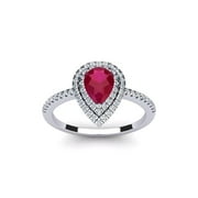 SuperJeweler 1 Carat Pear Shape Created Ruby and Double Halo Diamond Ring In Sterling Silver For Women