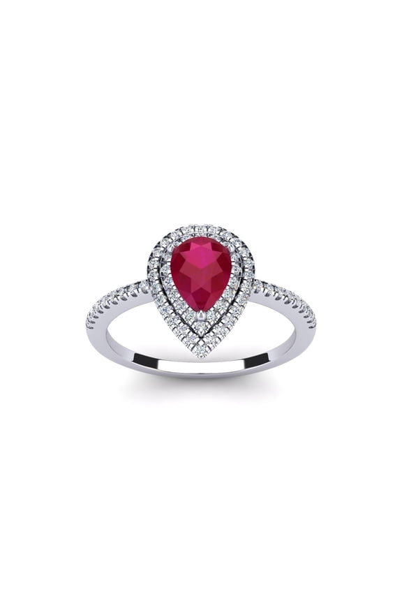 1 Carat Pear Shape Created Ruby and Double Halo Diamond Ring In Sterling Silver For Women