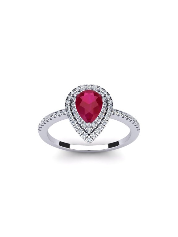 1 Carat Pear Shape Created Ruby and Double Halo Diamond Ring In Sterling Silver For Women