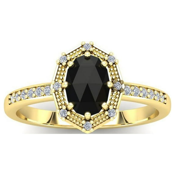 SuperJeweler 1 Carat Rose Cut Oval Black and White Diamond Halo Ring In 14 Karat Yellow Gold For Women