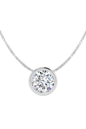 1 Carat Round Shape Lab Grown Diamond Solitaire Necklace In 14K White Gold, Bezel Setting For Women