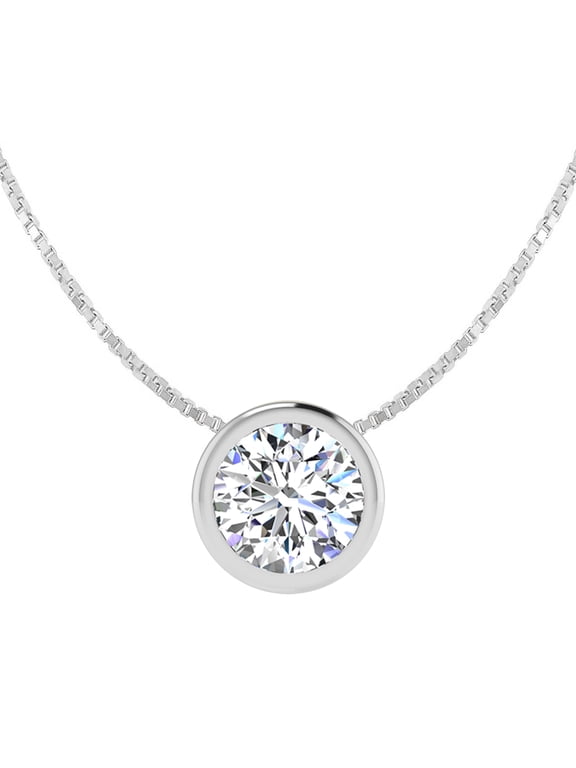 1 Carat Round Shape Lab Grown Diamond Solitaire Necklace In 14K White Gold, Bezel Setting For Women