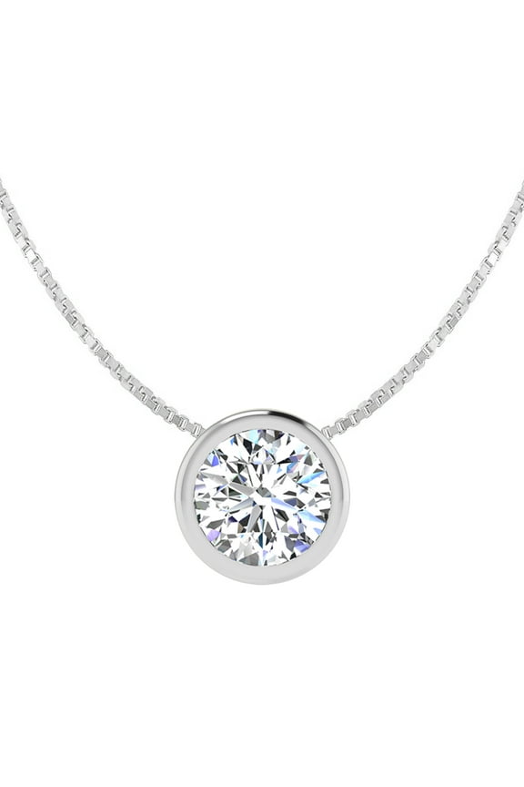 1 Carat Round Shape Lab Grown Diamond Solitaire Necklace In 14K White Gold, Bezel Setting For Women