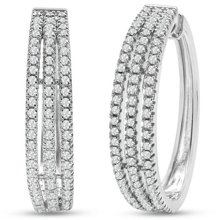 SuperJeweler 1 Carat Triple Row Diamond Hoop Earrings In Sterling Silver, 1 Inch For Women