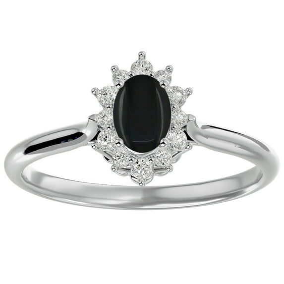 SuperJeweler 2/3 Carat Oval Shape Black Onyx and Halo Diamond Ring In Sterling Silver For Women