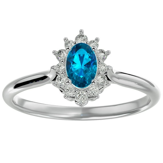 SuperJeweler 2/3 Carat Oval Shape Blue Topaz and Halo Diamond Ring In Sterling Silver For Women