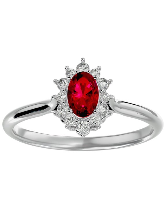 2/3 Carat Oval Shape Created Ruby and Halo Diamond Ring In Sterling Silver For Women