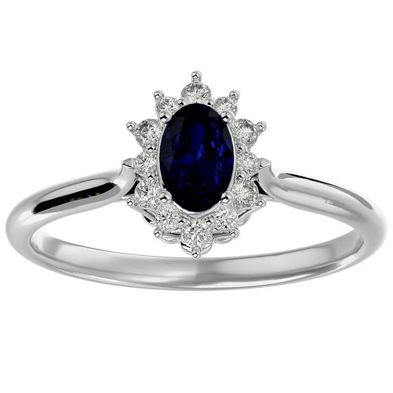 SuperJeweler 2/3 Carat Oval Shape Created Sapphire and Halo Diamond Ring In Sterling Silver For Women