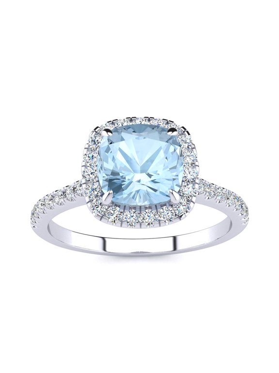 2 Carat Cushion Cut Aquamarine and Halo Diamond Ring In Sterling Silver For Women