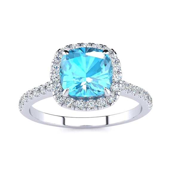 SuperJeweler 2 Carat Cushion Cut Blue Topaz and Halo Diamond Ring In Sterling Silver For Women