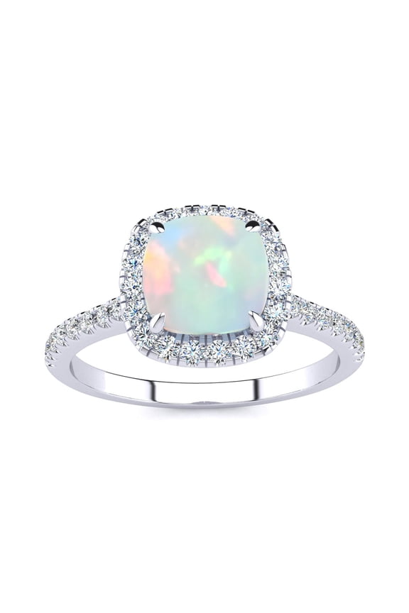 2 Carat Cushion Cut Created Opal and Halo Diamond Ring In Sterling Silver For Women