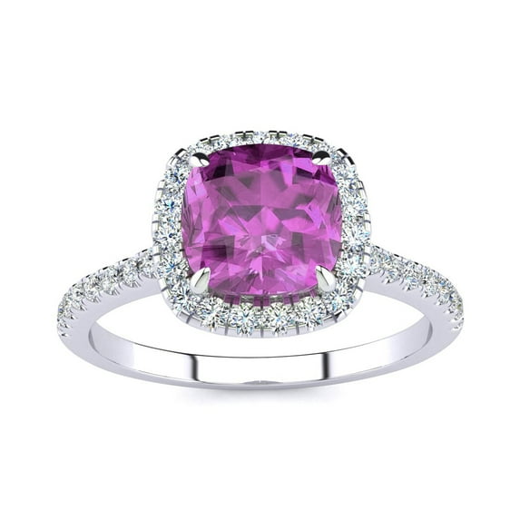 SuperJeweler 2 Carat Cushion Cut Created Pink Sapphire and Halo Diamond Ring In Sterling Silver For Women