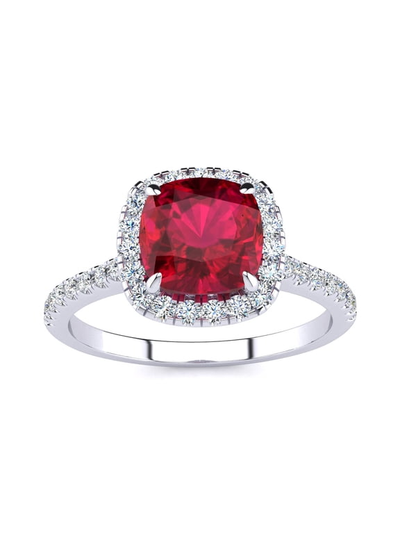 2 Carat Cushion Cut Created Ruby and Halo Diamond Ring In Sterling Silver For Women