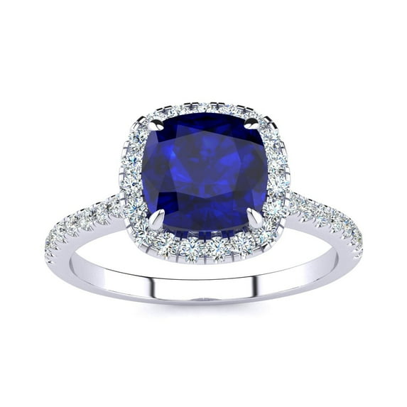 SuperJeweler 2 Carat Cushion Cut Created Sapphire and Halo Diamond Ring In Sterling Silver For Women