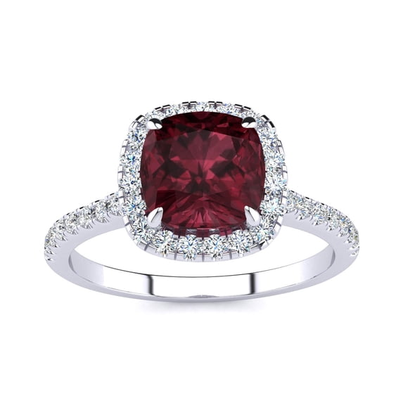 SuperJeweler 2 Carat Cushion Cut Garnet and Halo Diamond Ring In Sterling Silver For Women