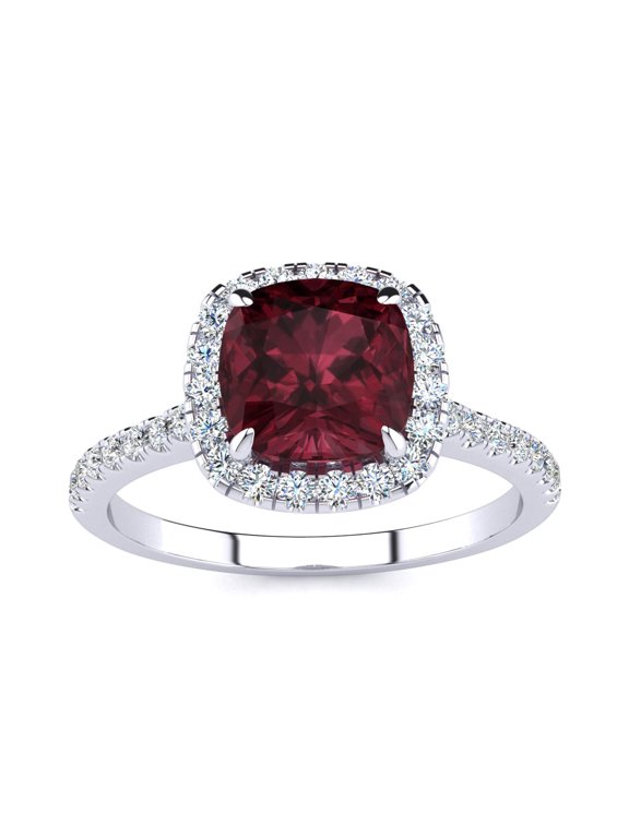2 Carat Cushion Cut Garnet and Halo Diamond Ring In Sterling Silver For Women
