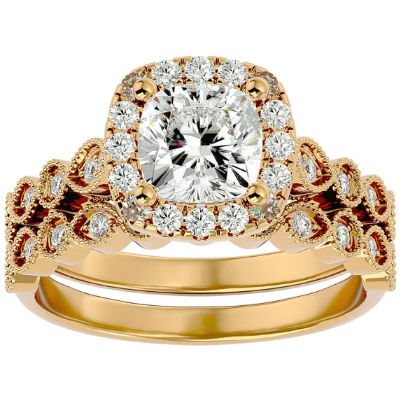 SuperJeweler 2 Carat Cushion Shape Moissanite Bridal Set In 14 Karat Yellow Gold For Women