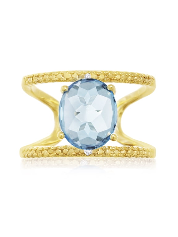 3.40 Carat Blue Topaz and Diamond Open Shank Ring in 14 Karat Yellow Gold Over Sterling Silver, One Size Fits All for Women
