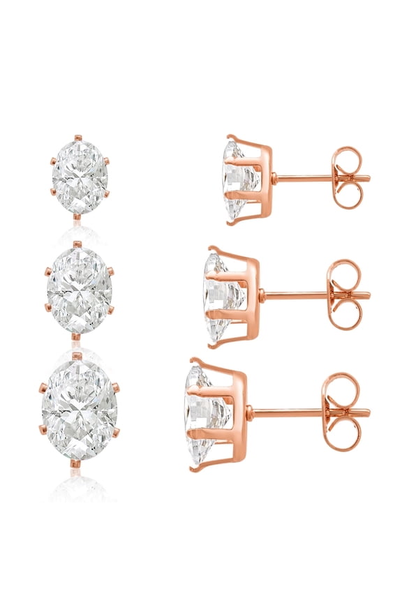 3 Pairs Stud Earrings Set, Hypoallergenic Cubic Zirconia Earrings Oval Shape Earrings Set In Rose Gold Tone Stainless Steel Jewelry Boxed Sets Genuine Cubic Zirconia Earrings
