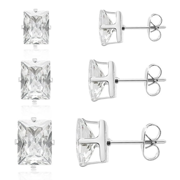 SuperJeweler 3 Pairs Stud Earrings Set, Hypoallergenic Cubic Zirconia Earrings for Women, Octagon Shape Earrings Set In Stainless Steel Jewelry Boxed Sets