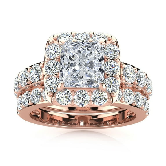SuperJeweler 4 1/2 Carat Princess Shape Halo Diamond Bridal Set in 14 Karat Rose Gold For Women