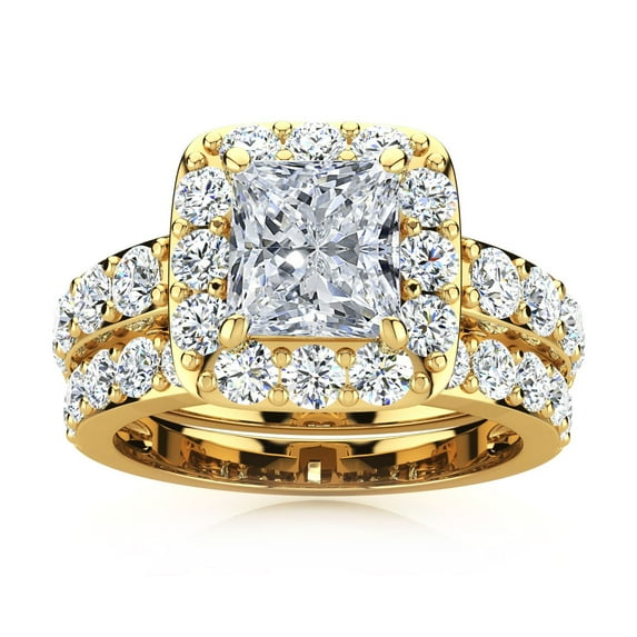 SuperJeweler 4 1/2 Carat Princess Shape Halo Diamond Bridal Set in 14 Karat Yellow Gold For Women