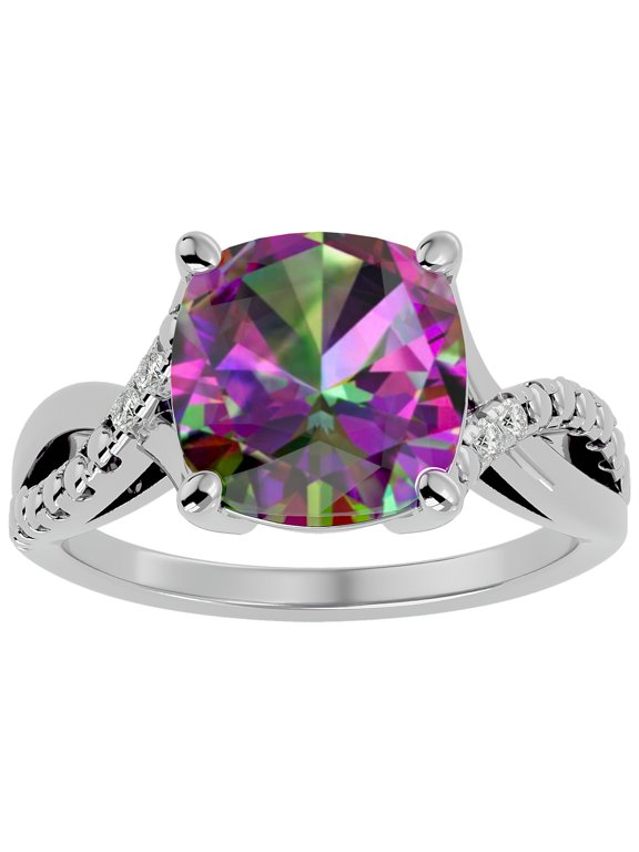 4 Carat Cushion Cut Mystic Topaz and Diamond Ring In Sterling Silver For Women