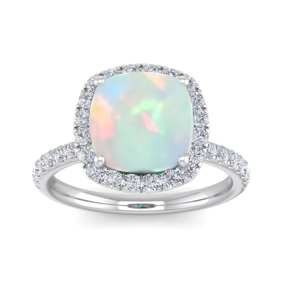 SuperJeweler 5 1/2 Carat Cushion Cut Created Opal and Halo Diamond Ring In Sterling Silver For Women