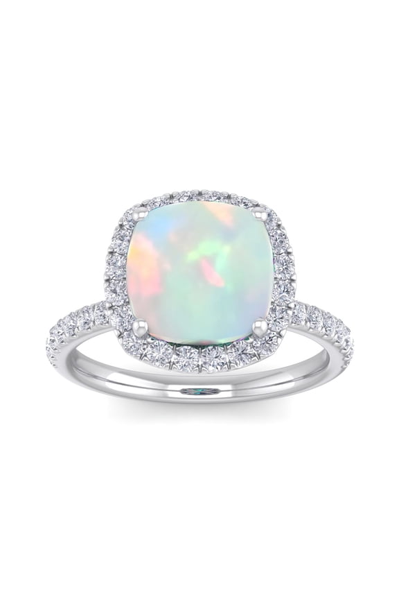 5 1/2 Carat Cushion Cut Created Opal and Halo Diamond Ring In Sterling Silver For Women