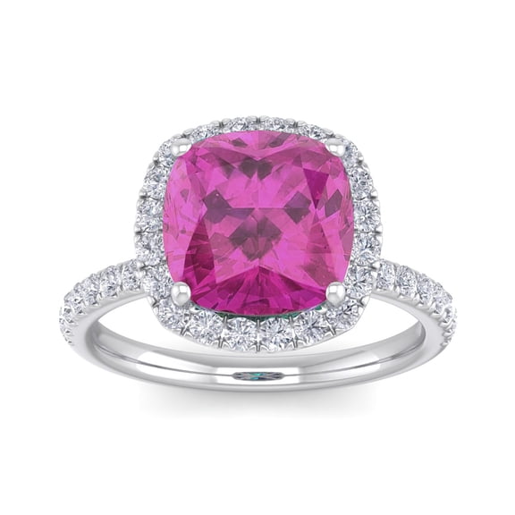 SuperJeweler 5 1/2 Carat Cushion Cut Created Pink Sapphire and Halo Diamond Ring In Sterling Silver For Women
