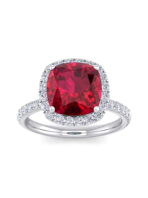 5 1/2 Carat Cushion Cut Created Ruby and Halo Diamond Ring In Sterling Silver For Women